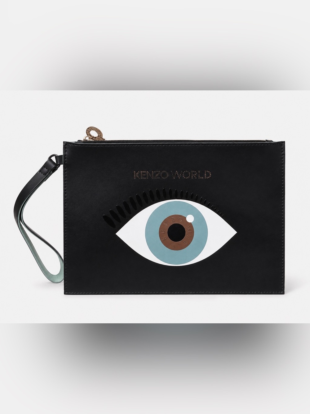 Kenzo World Eye Leather Clutch Wristlet Black Statement Designer Pouch